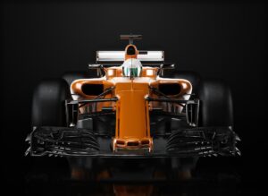 Orange race car front perspective