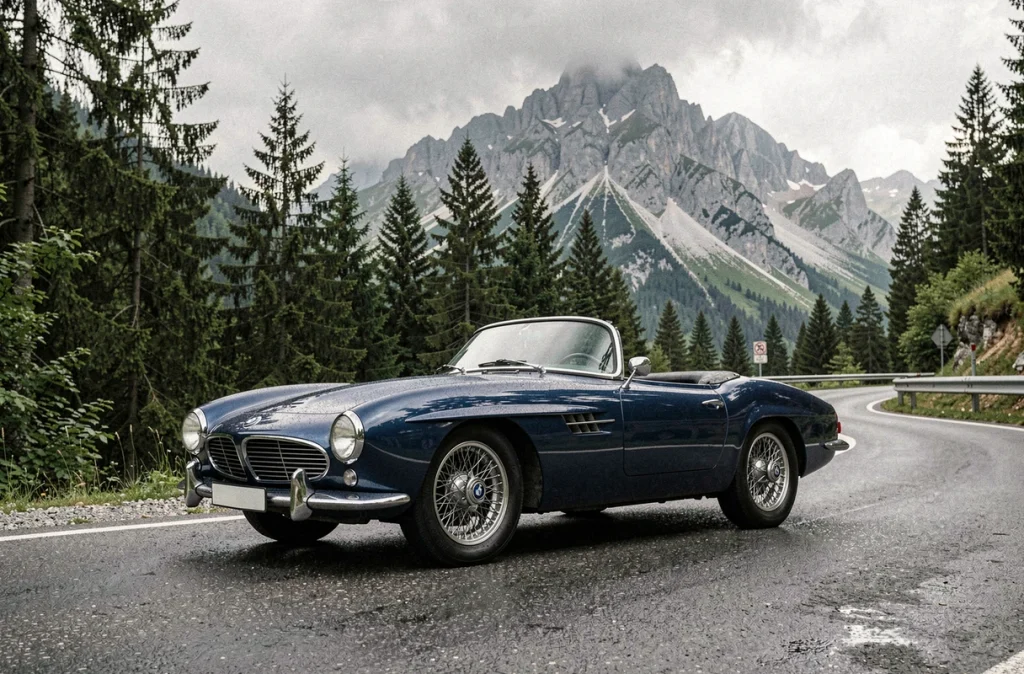 BMW 507 bleu nuit en conduite sur une route de montagne alpine sinueuse entourée de sapins, vue en angle bas mettant en valeur sa silhouette élégante