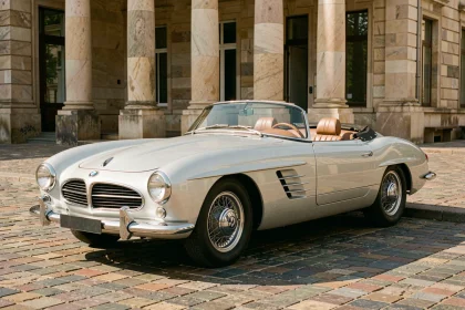 BMW 507 roadster argentée des années 1950 garée sur une place pavée européenne, capote baissée révélant l'intérieur en cuir beige