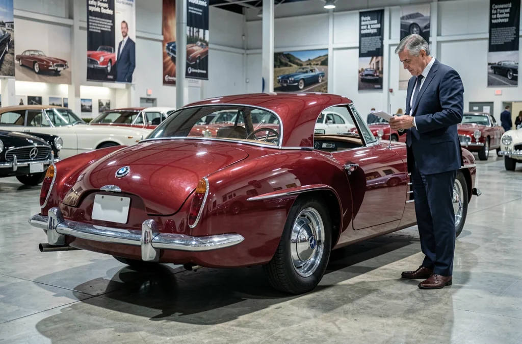 BMW 507 rouge restaurée dans une salle de vente aux enchères de voitures classiques, avec un commissaire-priseur en costume examinant des documents