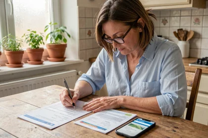 Femme remplissant un formulaire de changement d'adresse pour sa carte grise à table avec les documents officiels