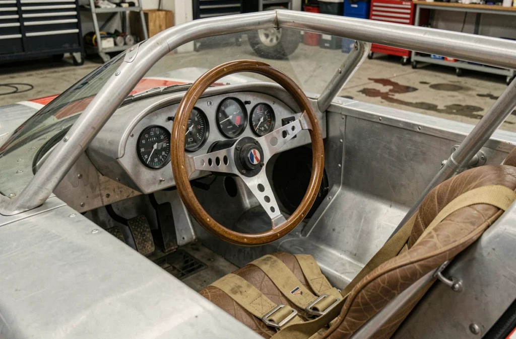 Intérieur du cockpit de la Porsche 917 Le Mans, volant en bois, tableau de bord analogique et monocoque aluminium