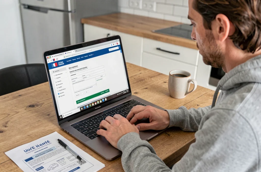 Homme effectuant une demande de correction d'erreur sur certificat d'immatriculation en ligne depuis chez lui