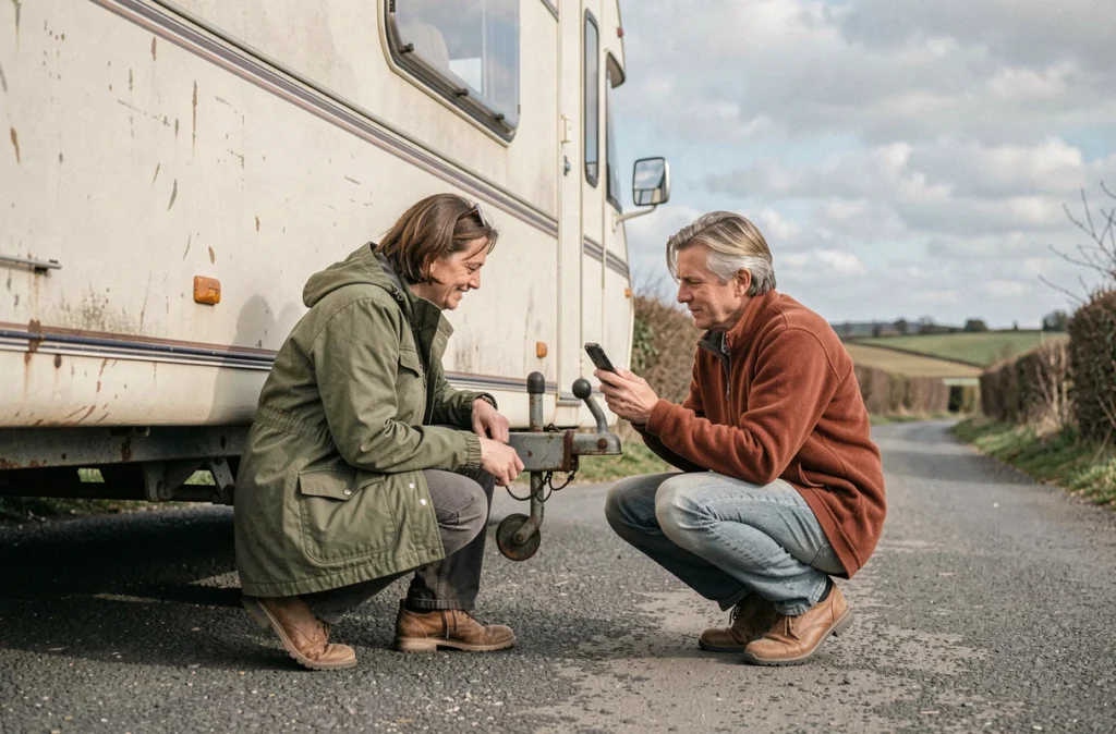 Couple inspectant le châssis d'une caravane d'occasion avant souscription d'une assurance entre particuliers