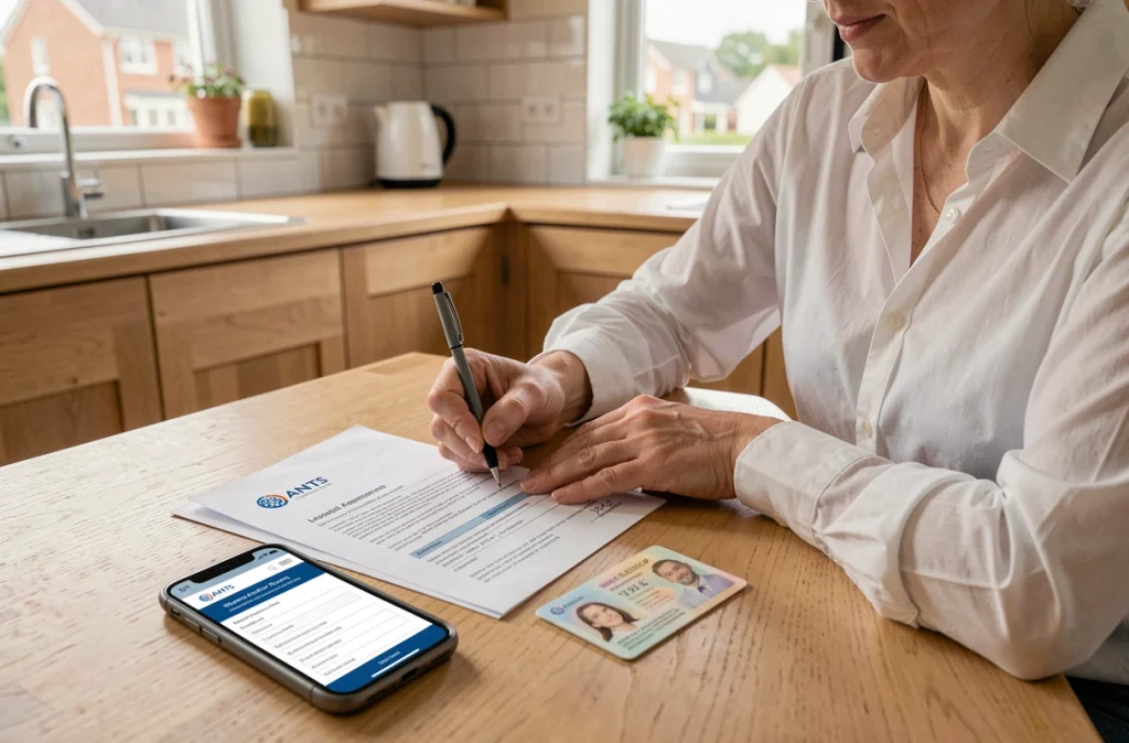 Femme remplissant un formulaire de demande de duplicata de carte grise à domicile avec son téléphone et ses papiers d'identité