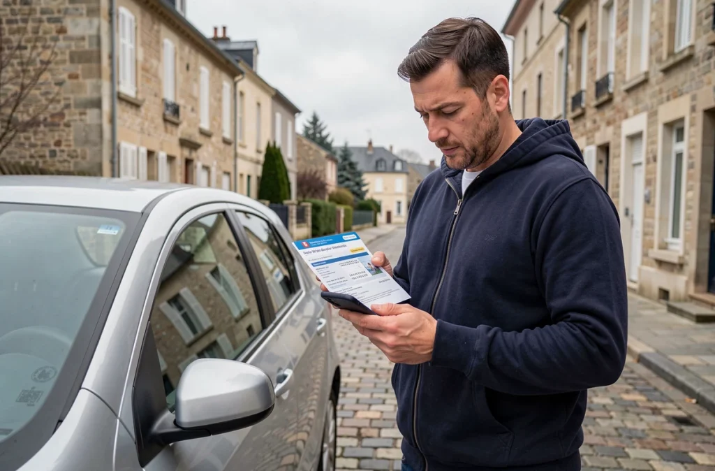 Homme consultant sa carte grise et le site officiel sur son téléphone devant sa voiture pour un changement d'adresse