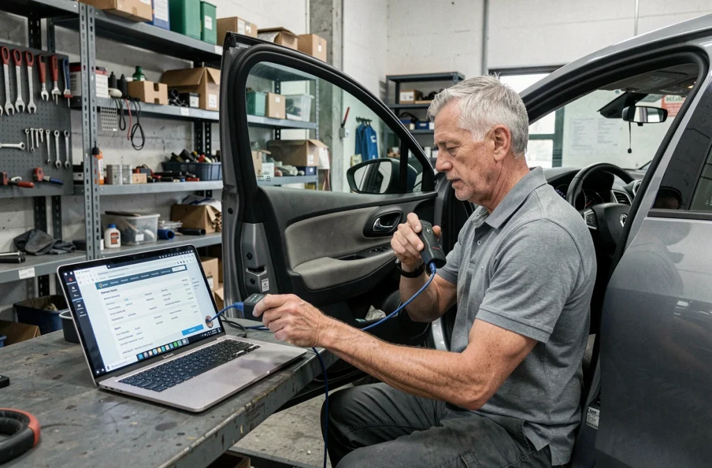 Technicien automobile connectant un scanner de diagnostic à une Renault Clio 4 pour résoudre un code d'authentification sécurisé