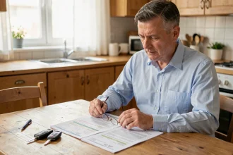 Homme consultant les documents nécessaires pour vendre sa voiture, incluant la carte grise et le contrat de cession, posés sur une table en bois