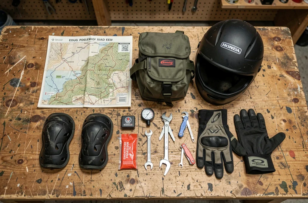 Équipement et outils de sécurité disposés pour préparer une sortie off-road avec la Honda XL 500