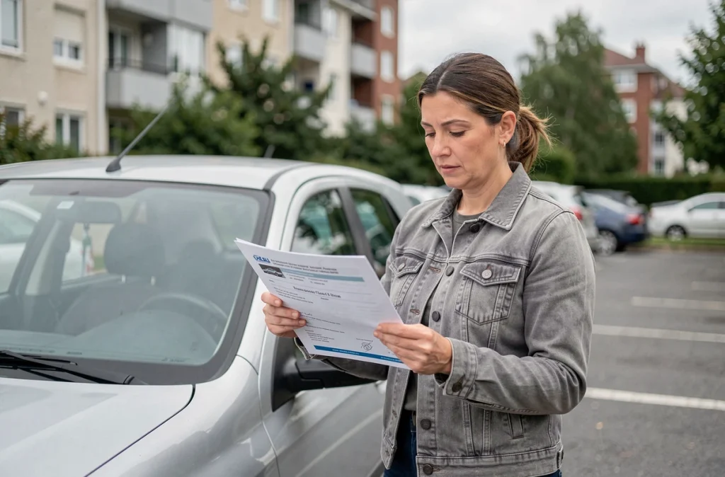 Une femme vérifiant le certificat de cession d'un véhicule d'occasion devant une voiture dans un parking