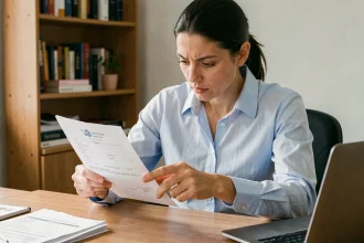 Femme examinant attentivement un certificat d'immatriculation pour détecter une erreur administrative