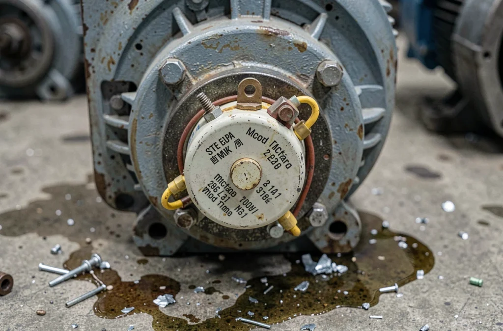 Gros plan sur un condensateur de démarrage fixé sur un moteur électrique industriel avec détails des bornes
