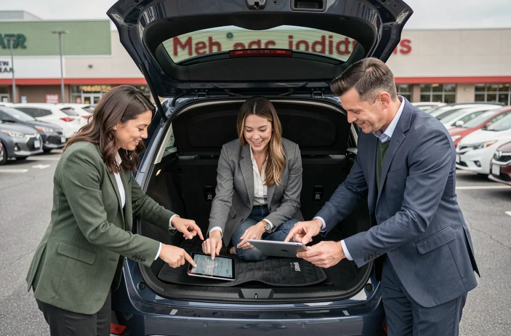 Groupe de trois adultes comparant les caractéristiques d'un crossover japonais dans un parking de supermarché, consultant une tablette devant le coffre ouvert