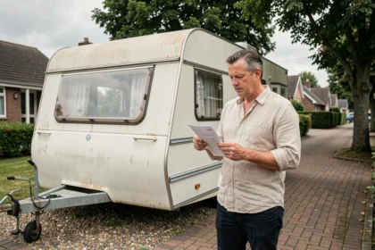 Homme examinant une caravane d'occasion achetée entre particuliers avec des documents d'assurance à la main