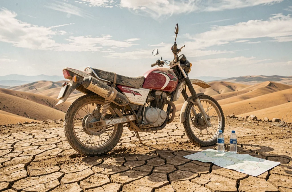 Honda XL 500 stationnée sur un plateau poussiéreux lors d'une pause navigation en sortie off-road