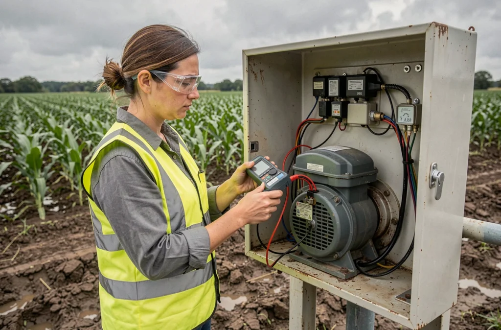 Ingénieure agricole testant un condensateur de moteur électrique sur une pompe d'irrigation en plein champ
