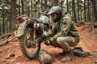 Motard équipé inspectant la Honda XL 500 avant une sortie off-road sur sentier forestier rocheux