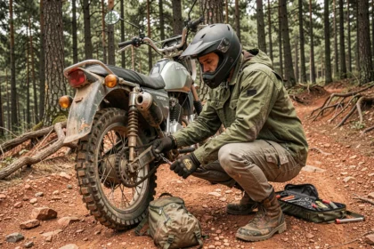 Motard équipé inspectant la Honda XL 500 avant une sortie off-road sur sentier forestier rocheux