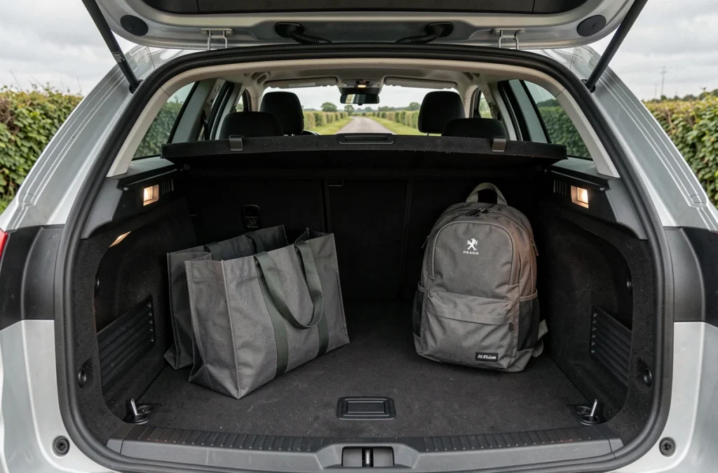Vue détaillée de l'intérieur du coffre d'une Peugeot 308 SW Phase 2 avec accessoires de rangement et fond de campagne