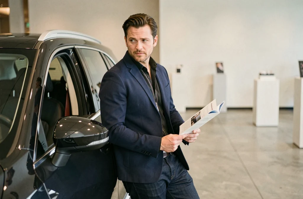 Journaliste automobile masculin en veste navy évaluant un SUV de marque asiatique dans un showroom moderne au design épuré