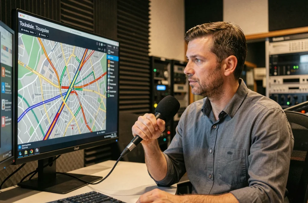 Journaliste radio consultant une carte du trafic en temps réel du périphérique de Toulouse en studio