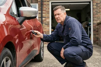 Mécanicien tenant la télécommande de clé d'une Renault Clio 4 près de la portière lors d'un problème d'authentification
