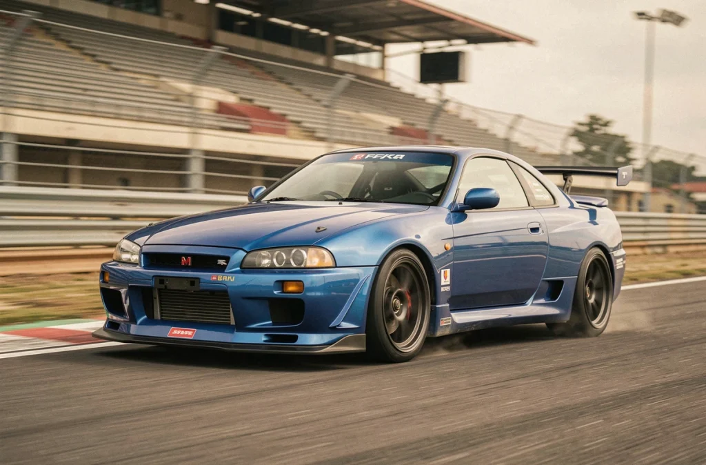 Nissan Skyline GT-R R34 bleu bayside en pleine action sur circuit, prise en virage en vue dynamique basse avec arrière-plan flou illustrant ses performances sur piste