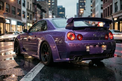 Nissan Skyline GT-R R34 violet minuit garée sur une rue urbaine mouillée, vue trois quarts arrière mettant en valeur ses feux iconiques et sa carrosserie wide-body
