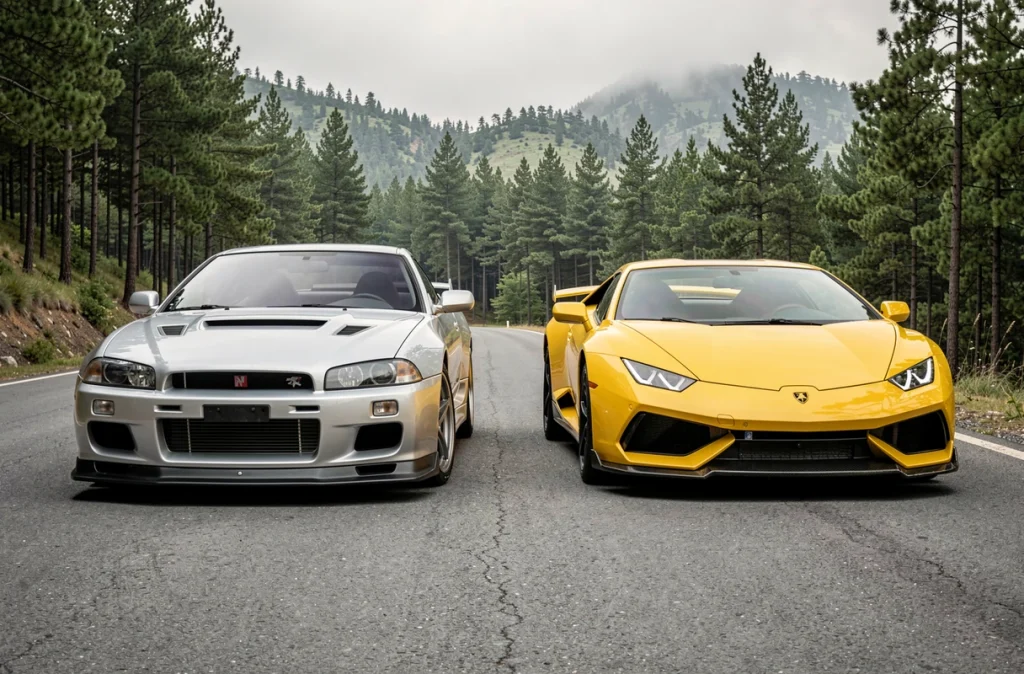 Comparaison entre une Nissan Skyline GT-R R34 argentée et une Lamborghini Huracán jaune garées côte à côte sur une route de montagne, illustrant l'évolution des supercars