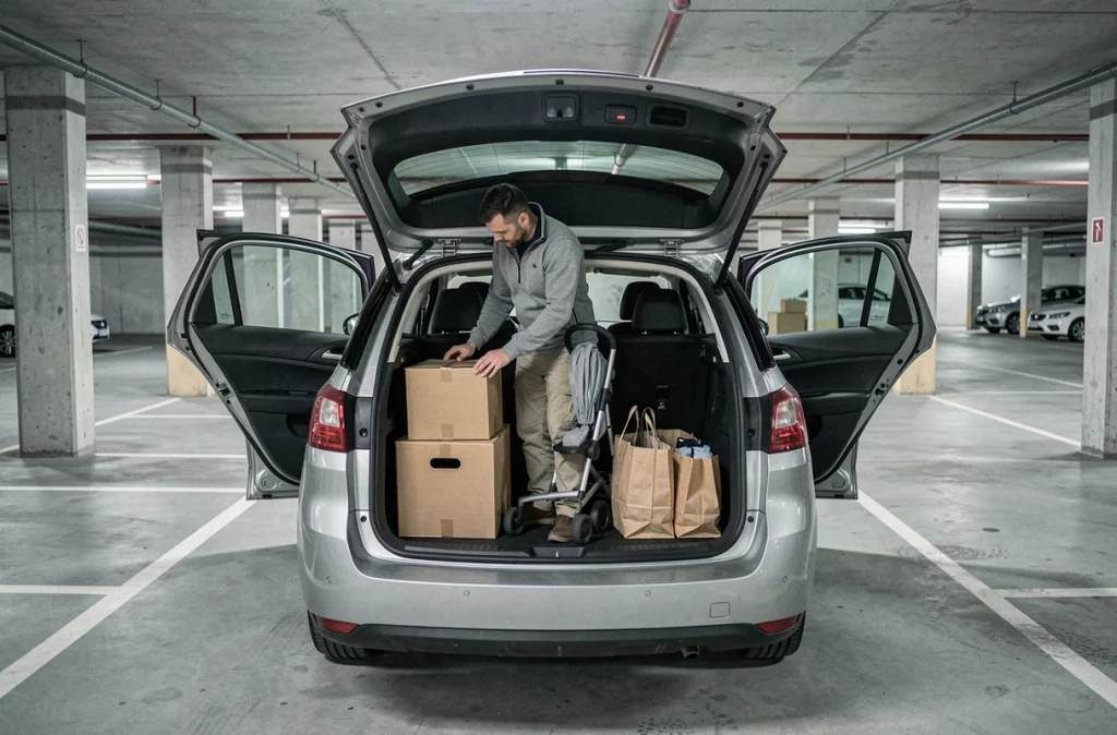 Homme organisant des cartons et une poussette dans le coffre modulable d'une Peugeot 308 SW Phase 2 en parking souterrain