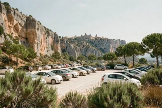 Parking extérieur aux Baux-de-Provence avec voitures garées au pied des falaises calcaires et vue sur le village perché