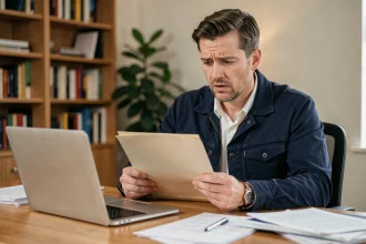 Homme inquiet consultant son ordinateur après la perte de sa carte grise, assis à un bureau encombré de papiers administratifs