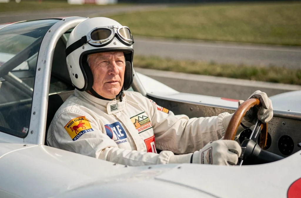 Pilote en combinaison Nomex vintage au volant d'une Porsche 917 lors d'une course historique, casque Bell et lunettes d'époque