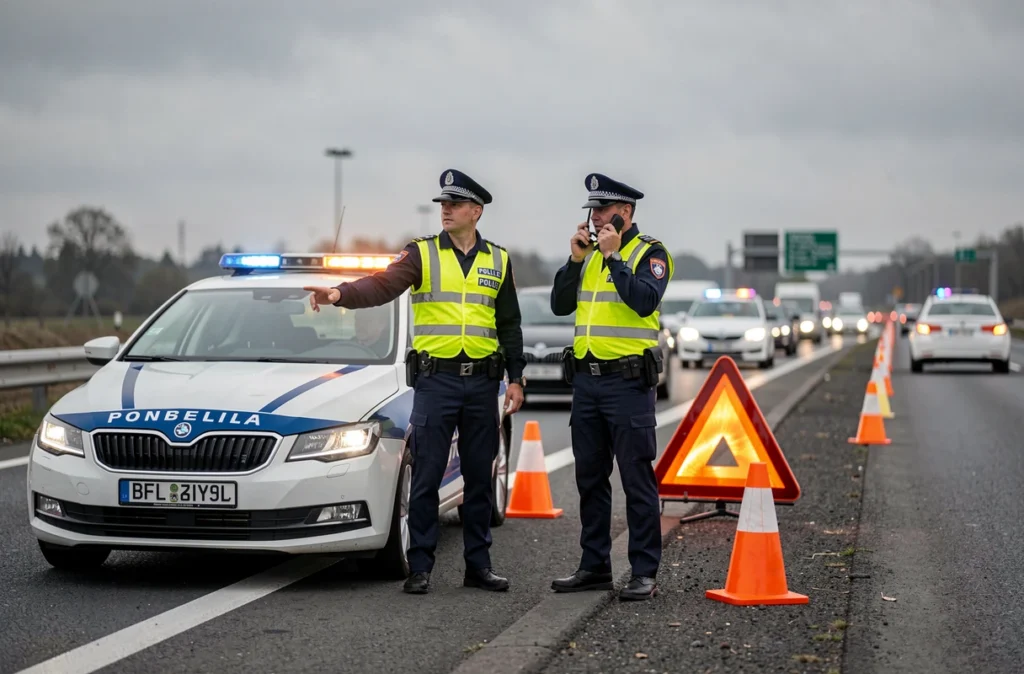 Policiers en gilets jaunes gérant la circulation après un accident sur l'autoroute près de Toulouse