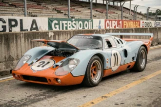 Porsche 917 Gulf Oil aux couleurs bleu et orange sur la voie des stands d'un circuit historique, détails mécaniques visibles