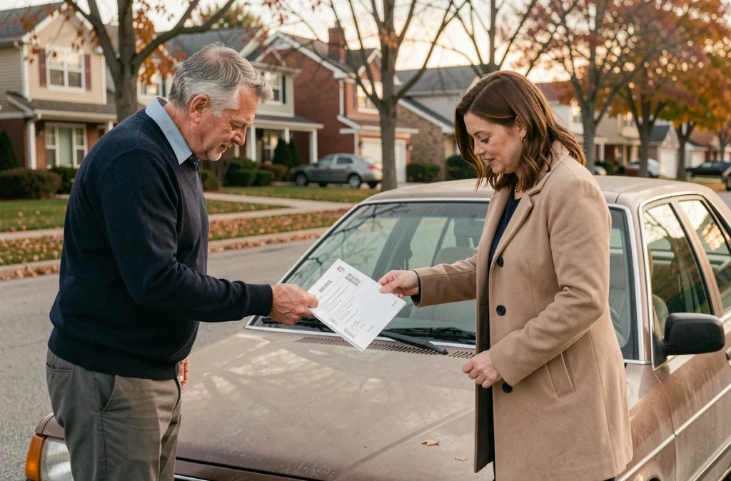 Deux personnes procédant à la remise de la déclaration de cession lors d'une vente de voiture d'occasion entre particuliers