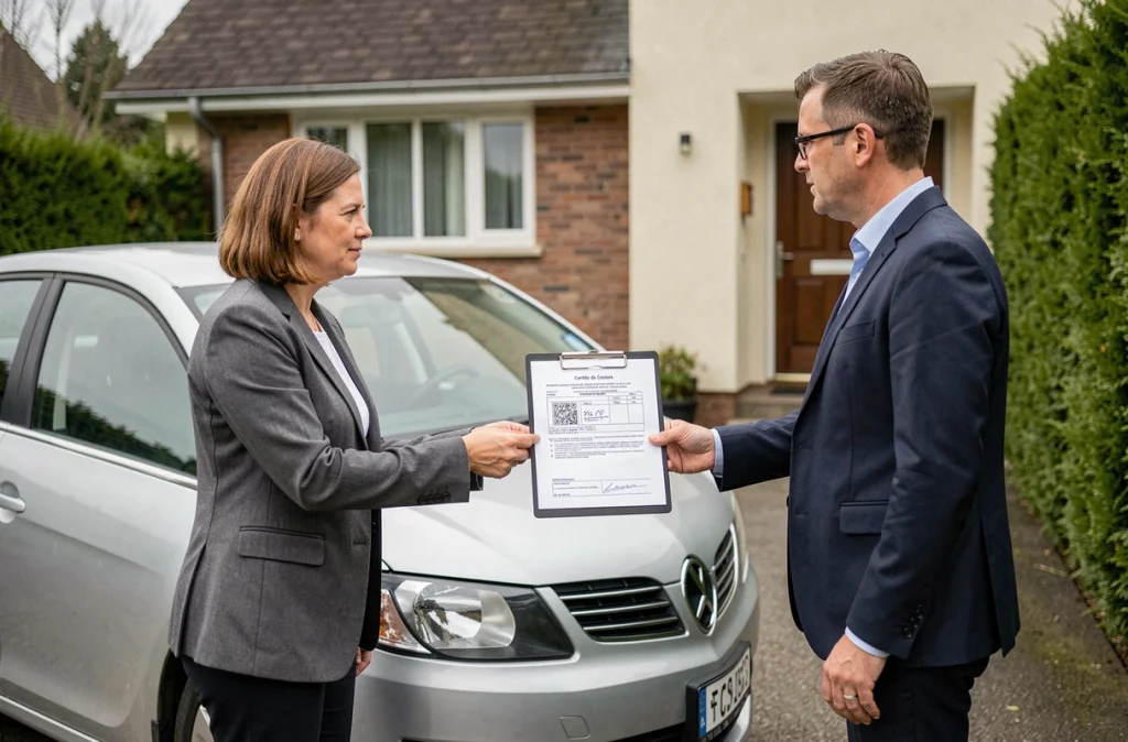 Femme remettant les documents obligatoires pour la vente d'une voiture à un acheteur dans une allée résidentielle, avec le véhicule visible en arrière-plan