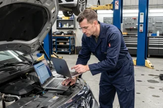 Technicien automobile connectant un ordinateur de diagnostic OBD pour reprogrammer la boîte automatique d'une berline en atelier professionnel
