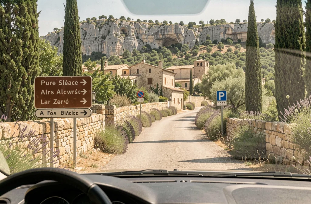 Vue depuis un véhicule sur la route d'accès menant au parking des Baux-de-Provence avec panneaux de stationnement