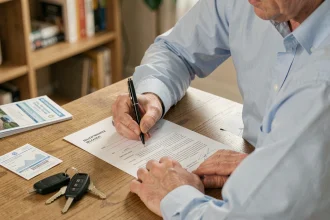 Un homme signant une déclaration de cession de véhicule avec les clés de voiture et la carte grise posées sur le bureau