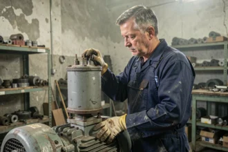 Technicien inspectant un condensateur sur un moteur électrique agricole dans un atelier de ferme