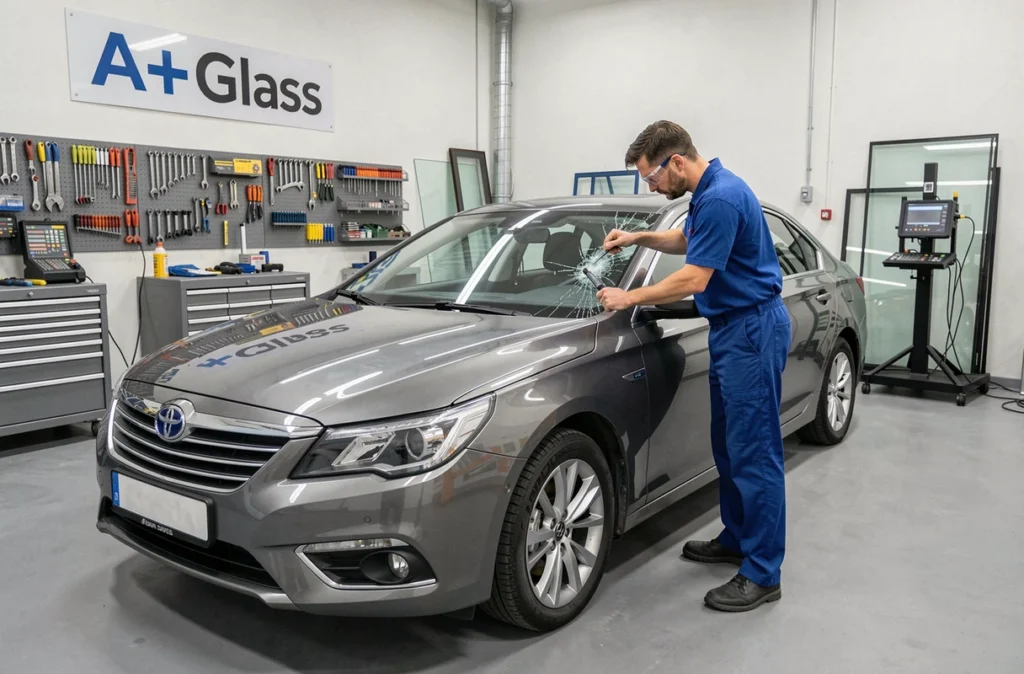 Technicien de A+Glass Guebwiller remplaçant un pare-brise dans l'atelier de réparation vitrage automobile
