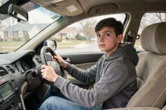 Adolescent de 14 ans assis dans un siège conducteur de voiture, les mains sur le volant, illustrant la question de la conduite sans permis pour les mineurs