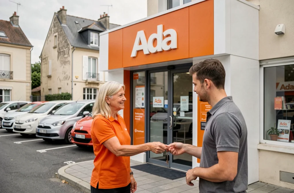 Agence Ada location de voitures en Île-de-France avec une employée remettant les clés à un client devant la façade orange