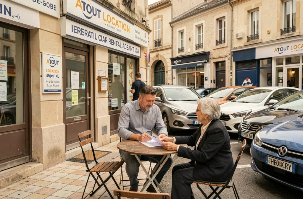 Agence Atout Location en Île-de-France avec un employé et un client examinant un contrat de location à l'entrée