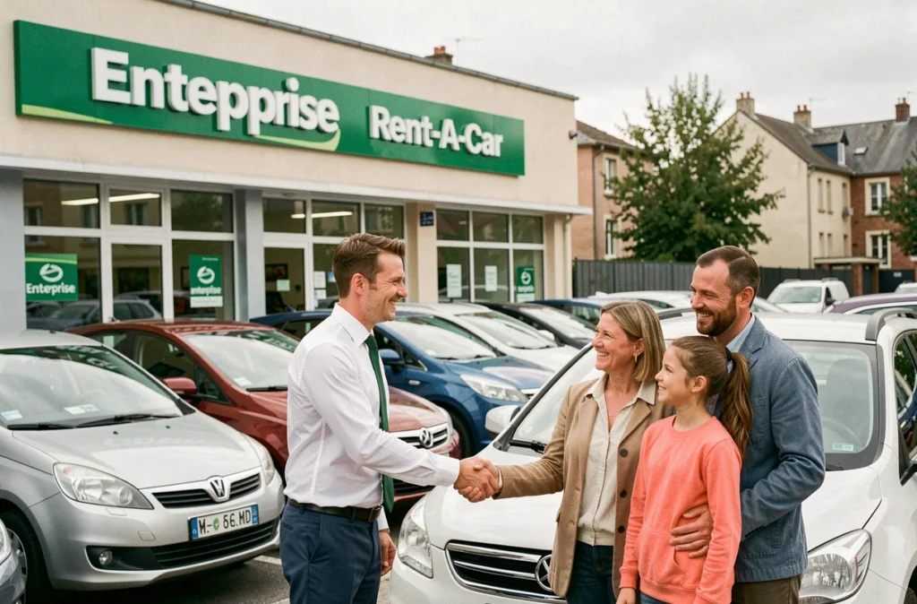 Agence Enterprise Rent-A-Car en banlieue parisienne avec un employé accueillant une famille près d'un SUV de location