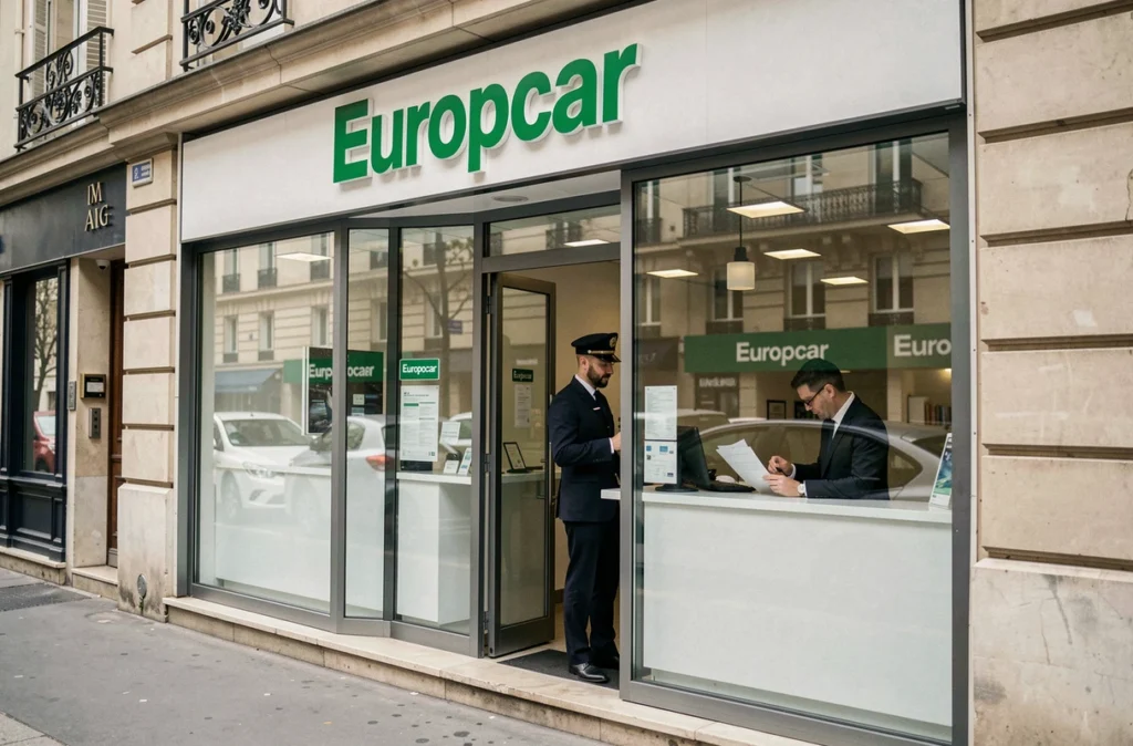 Façade d'une agence Europcar à Paris avec un agent en uniforme accueillant un client au comptoir