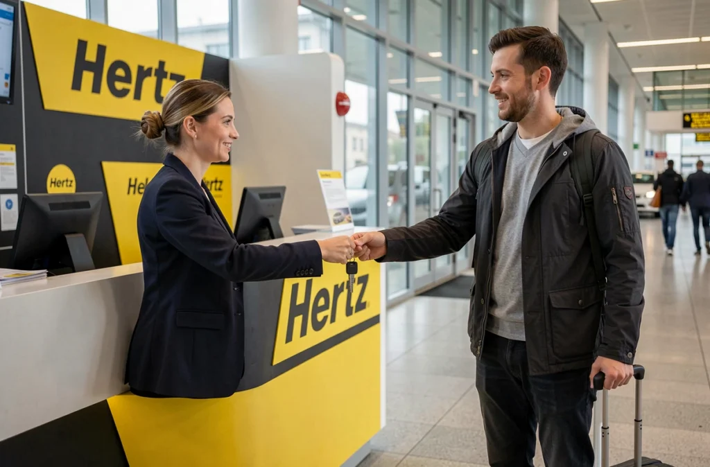 Comptoir Hertz dans un terminal d'aéroport parisien avec une employée remettant les clés d'une voiture de location à un voyageur