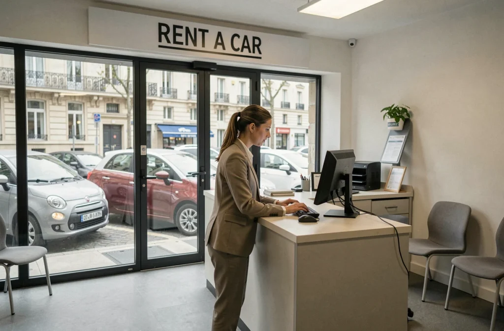 Agence Rent A Car à Paris avec une employée assistant un client au comptoir devant une fenêtre donnant sur le parking
