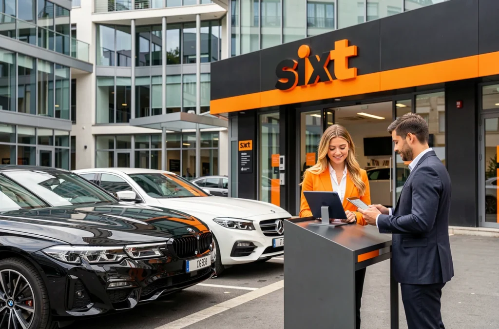 Agence Sixt à Paris avec des véhicules premium alignés devant la façade orange et noire et une employée aidant un client